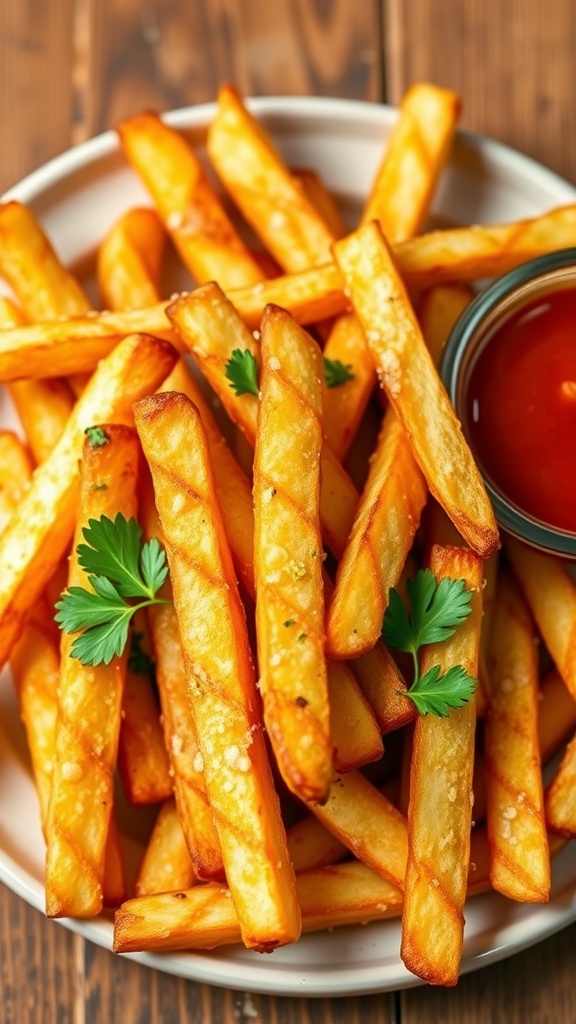 A serving of crispy garlic parmesan fries garnished with parsley, on a rustic table with a bowl of marinara sauce.